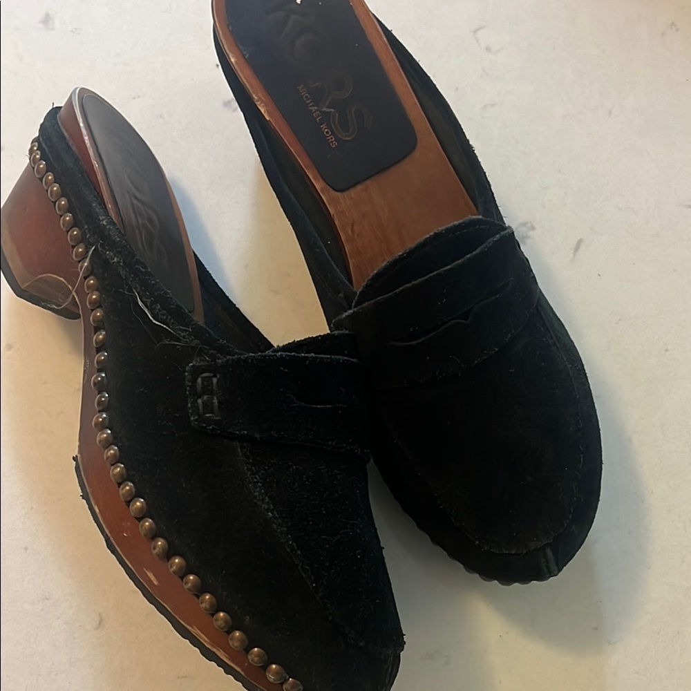 Michael Kors black suede studded wool soled penny loafer mules. Size 8 GUC